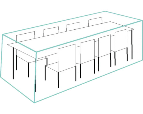 Tekening van een lange tafel met stoelen in een kamer