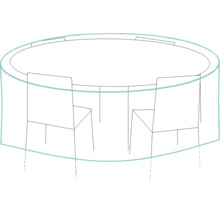 Schets van een ronde tafel met stoelen en beschermhoes