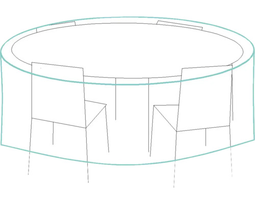Schets van een ronde tafel met stoelen en beschermhoes