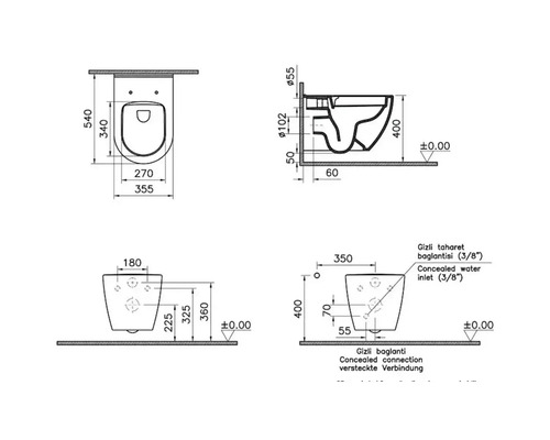 Technische tekening van een wandcloset met afmetingen