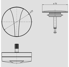 Technische tekening van een afvoerstop met de afmetingen 70 en 84 millimeter.