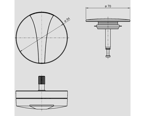 Technische tekening van een afvoerstop met de afmetingen 70 en 84 millimeter.