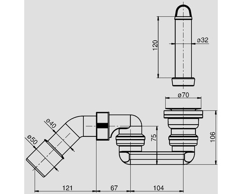 Technische tekening van een sifon met maatvoering