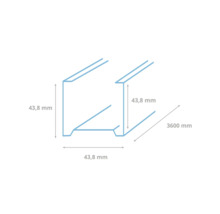 Technische tekening van een metalen profiel met de afmetingen 43,8 mm x 43,8 mm x 3600 mm