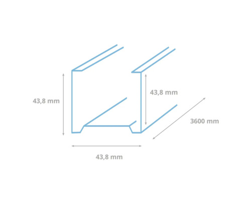Technische tekening van een metalen profiel met de afmetingen 43,8 mm x 43,8 mm x 3600 mm