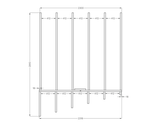 Technische tekening van een rek met maatvoering.