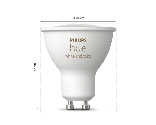Philips Hue lamp met afmetingen van 57 mm hoogte en 50 mm diameter