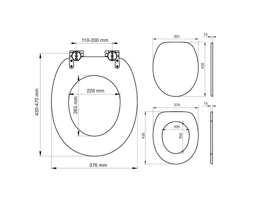 Technische tekening van een toiletbril met maatvoering