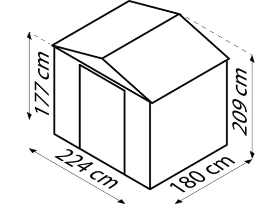 Afbeelding van de afmetingen van een tuinhuis: 177 centimeter x 224 centimeter x 209 centimeter x 180 centimeter