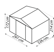 Technische tekening van een tuinhuis met afmetingen: hoogte 172 centimeter en 214 centimeter, breedte 291 centimeter en 226 centimeter.