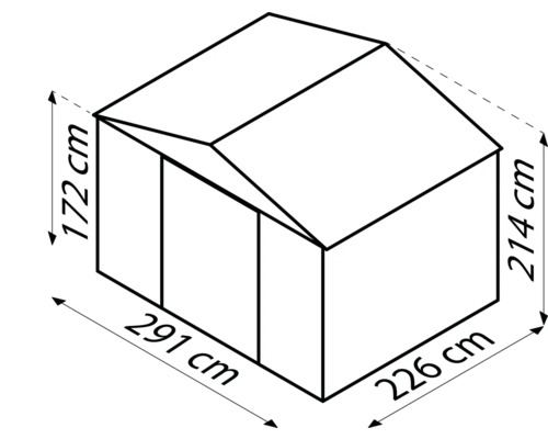 Technische tekening van een tuinhuis met afmetingen: hoogte 172 centimeter en 214 centimeter, breedte 291 centimeter en 226 centimeter.