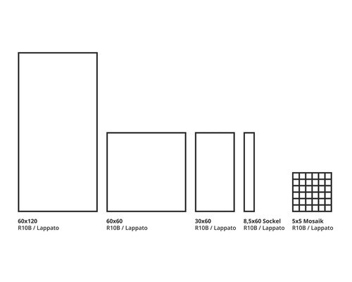 Verschillende tegelformaten: 60x120, 60x60, 30x60, 8,5x60 plint, 5x5 mozaïek, antislipklasse R10B, lappato oppervlak