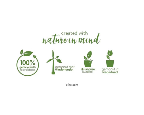 100 procent gerecycled symbool. Gemaakt met windenergie symbool. Duurzame kwaliteit symbool. Gemaakt in Nederland symbool.