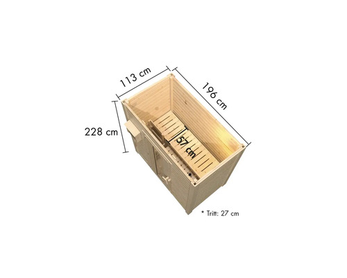 Illustratie van een tuinsauna met de afmetingen 228 cm hoog, 113 cm breed en 196 cm diep.
