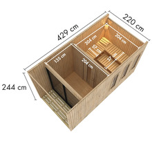 Maatvoering van een tuinsauna met voorruimte, hoogte 244 centimeter, lengte 429 centimeter, breedte 220 centimeter.