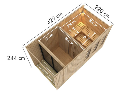 Maatvoering van een tuinsauna met voorruimte, hoogte 244 centimeter, lengte 429 centimeter, breedte 220 centimeter.