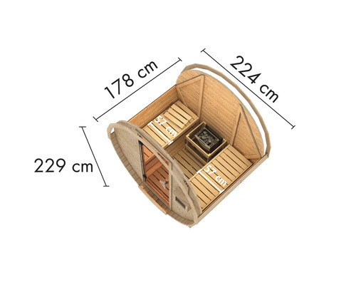 Binnenaanzicht van een barrelsauna met de afmetingen 178 cm breed, 224 cm diep en 229 cm hoog.