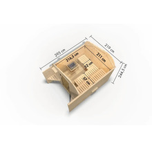 Bovenaanzicht van een sauna met afmetingen voor lengte, breedte en hoogte in centimeters.