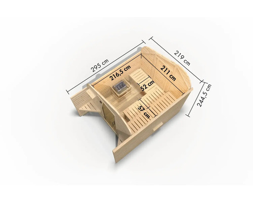 Bovenaanzicht van een sauna met afmetingen voor lengte, breedte en hoogte in centimeters.