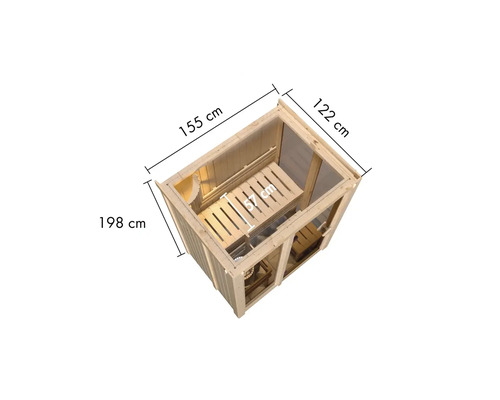 Sauna van hout met afmetingen 155 cm bij 122 cm bij 198 cm