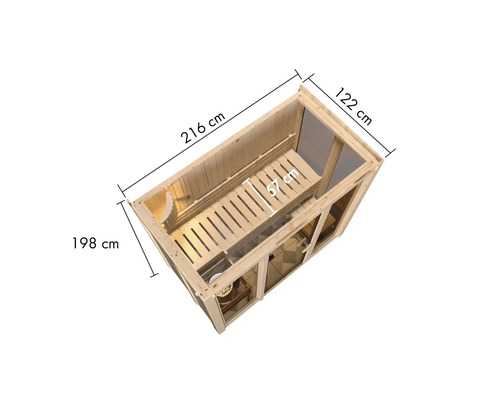 Sauna met de afmetingen 216 centimeter lengte, 122 centimeter breedte en 198 centimeter hoogte