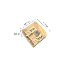 Afmetingen van een houten sauna: 175 cm breed, 199 cm diep en 205 cm hoog