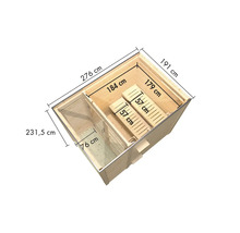 Bovenaanzicht van de sauna met afmetingen van 276 cm bij 231,5 cm, interieur met banken van 184 cm bij 179 cm en 57 cm breed