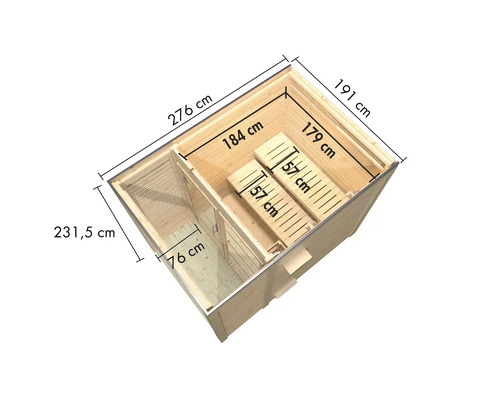 Bovenaanzicht van de sauna met afmetingen van 276 cm bij 231,5 cm, interieur met banken van 184 cm bij 179 cm en 57 cm breed