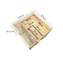 Illustratie van een sauna met de afmetingen 276 bij 276 bij 231,5 centimeter