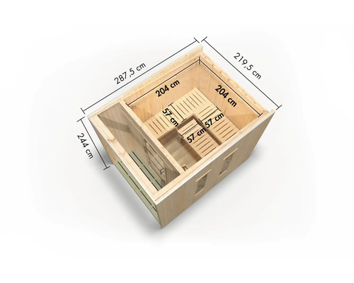 Plattegrond van een houten sauna met maatvoering