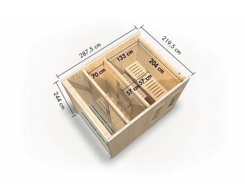 Illustratie van een tuinsauna met afmetingen.