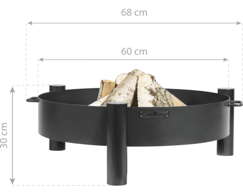 Stalen vuurschaal met houtblokken en afmetingen: hoogte 30 cm, diameter 60 cm en 68 cm