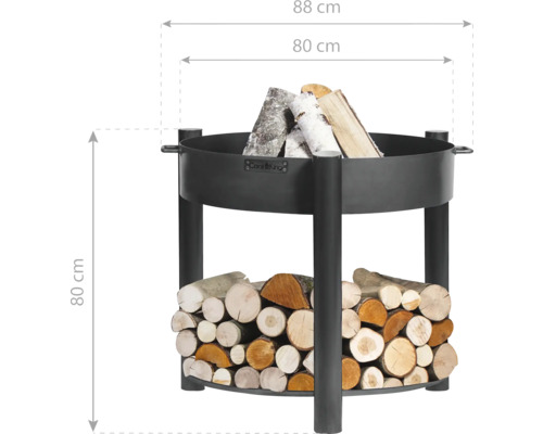 Stalen vuurschaal met houtopslag en afmetingen 88 x 80 centimeter.
