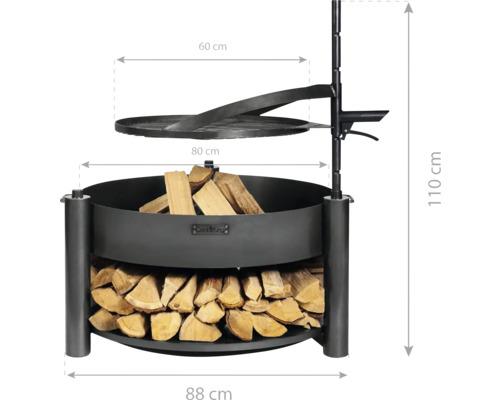 Vuurschaal met grillrooster en houtblokken, afmetingen 88 x 80 x 110 cm