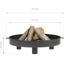 Vuurschaal met houtblokken en afmetingen: 70 cm breedte, 60 cm diameter, 20 cm hoogte.