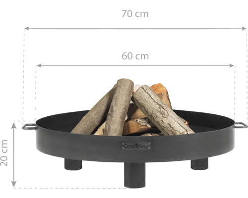 Vuurschaal met houtblokken en afmetingen: 70 cm breedte, 60 cm diameter, 20 cm hoogte.