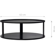 Zwarte salontafel met afmetingen van 62 bij 30 centimeter.