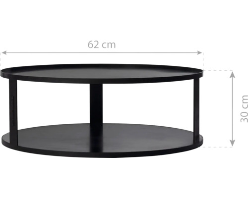 Zwarte salontafel met afmetingen van 62 bij 30 centimeter.