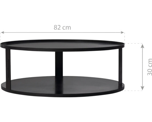 Zwarte salontafel met afmetingen van 82 bij 30 centimeter.