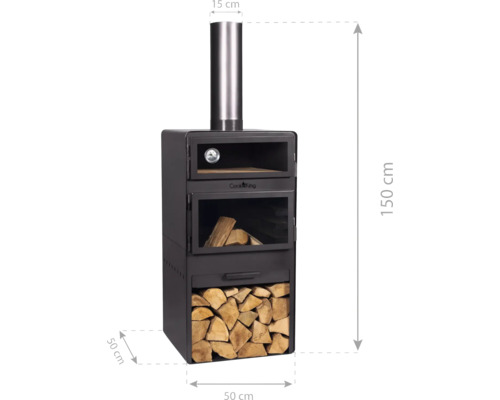 Houtkachel met afmetingen 15 cm, 50 cm en 150 cm.