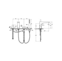 Technische tekening van een badkraan met afmetingen.