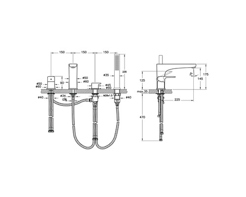 Technische tekening van een badkraan met afmetingen.