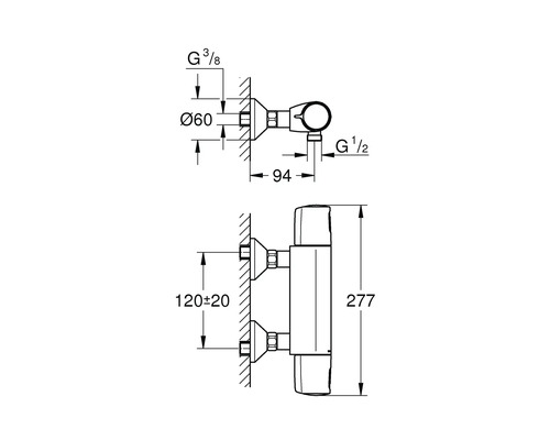 Technische tekening van een thermostaat met maatvoering