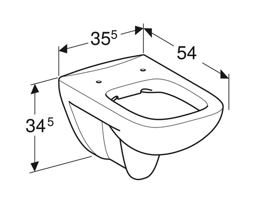 Technische tekening van een wandcloset met afmetingen