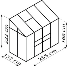 Afbeelding van een kas met de afmetingen 222 cm hoog, 132 cm breed en 255 cm lang.