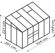 Technische tekening van een kas met de afmetingen 221 x 201 x 169 x 324 centimeter
