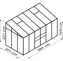 Schema tuinkas met de afmetingen 387 cm lengte, 201 cm breedte en 221 cm hoogte