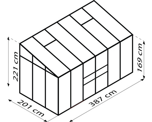 Schema tuinkas met de afmetingen 387 cm lengte, 201 cm breedte en 221 cm hoogte