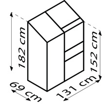 Maatschets van een kast met afmetingen van 182 cm hoog, 69 cm breed en 131 cm diep.
