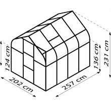 Illustratie van een kas met afmetingen van 202 bij 257 centimeter grondoppervlak en 124 en 231 centimeter hoogte